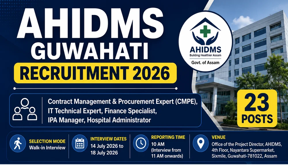 AHIDMS Guwahati Recruitment 2026: 23 Posts for Finance Specialist, Hospital Administrator & Other Experts — Walk-In Interview