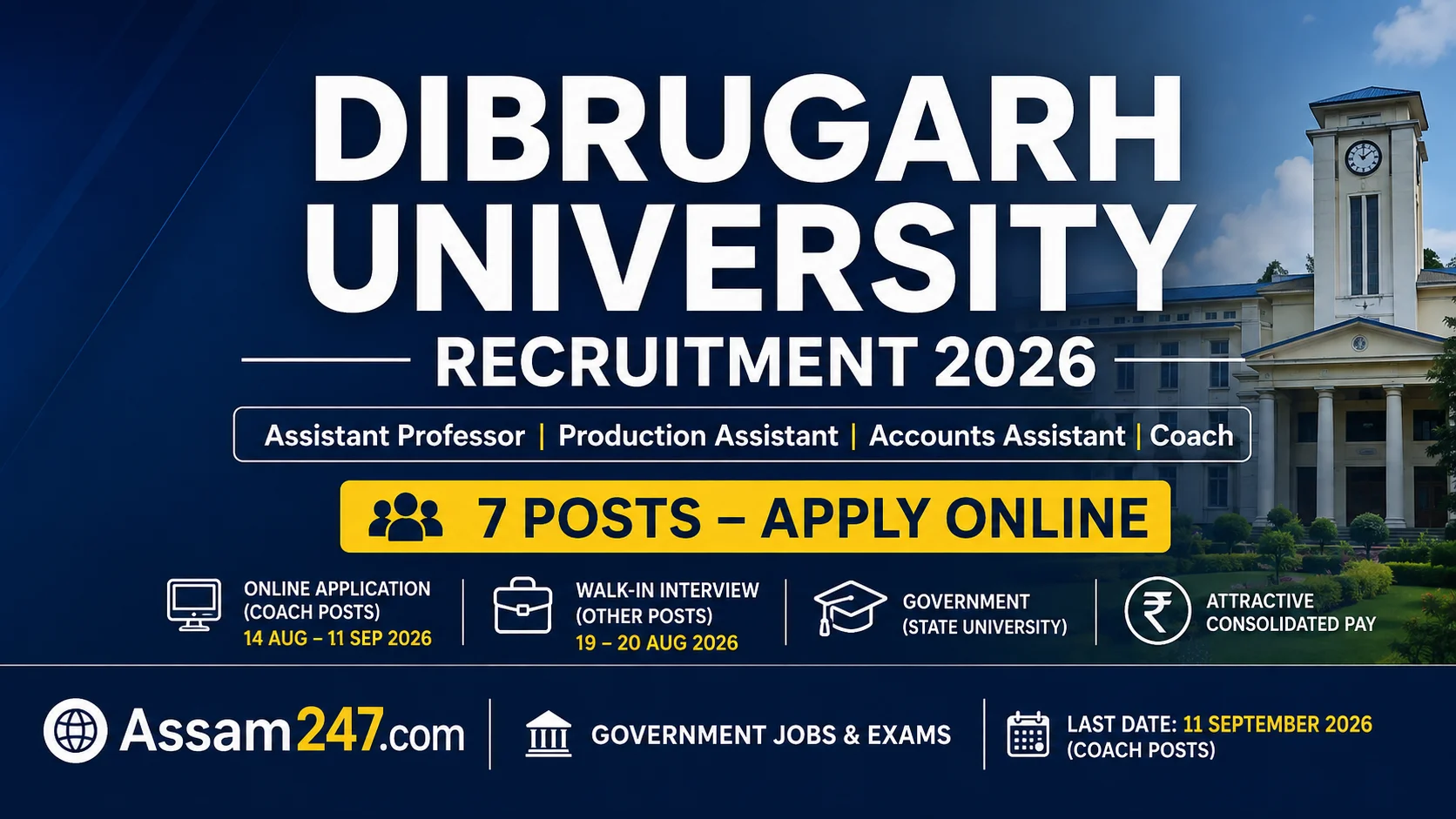 Dibrugarh University Recruitment 2026: Apply for Assistant Professor, Production Assistant, Accounts Assistant & Coach