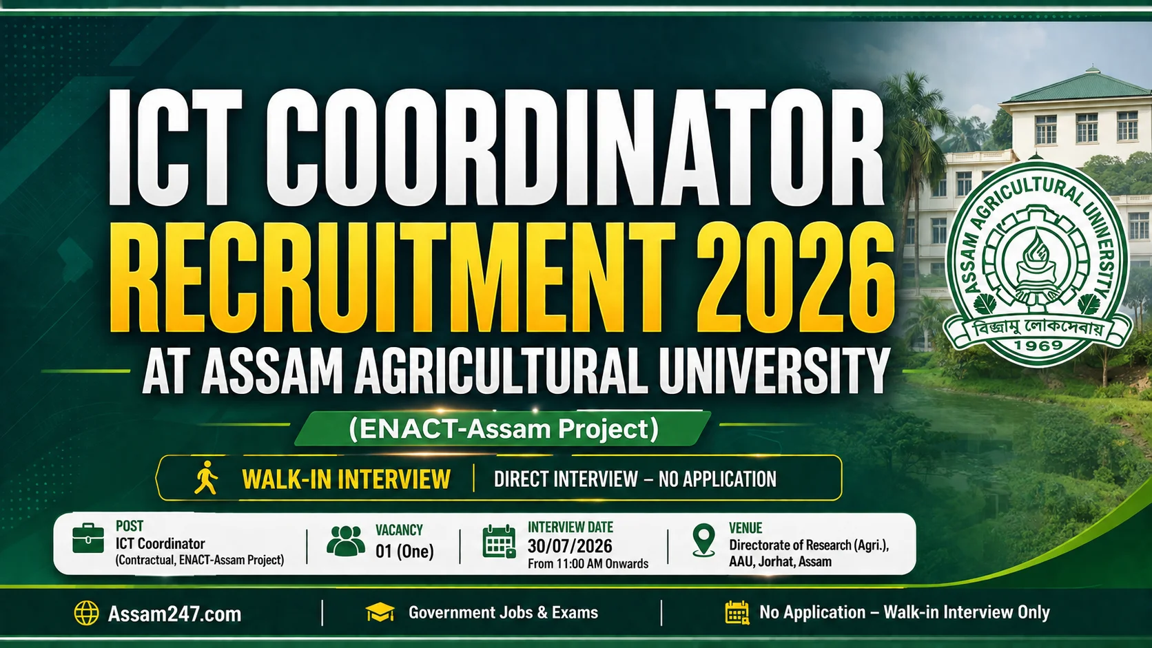 ICT Coordinator Recruitment 2026 at Assam Agricultural University (ENACT-Assam Project) – Walk-in Interview Details