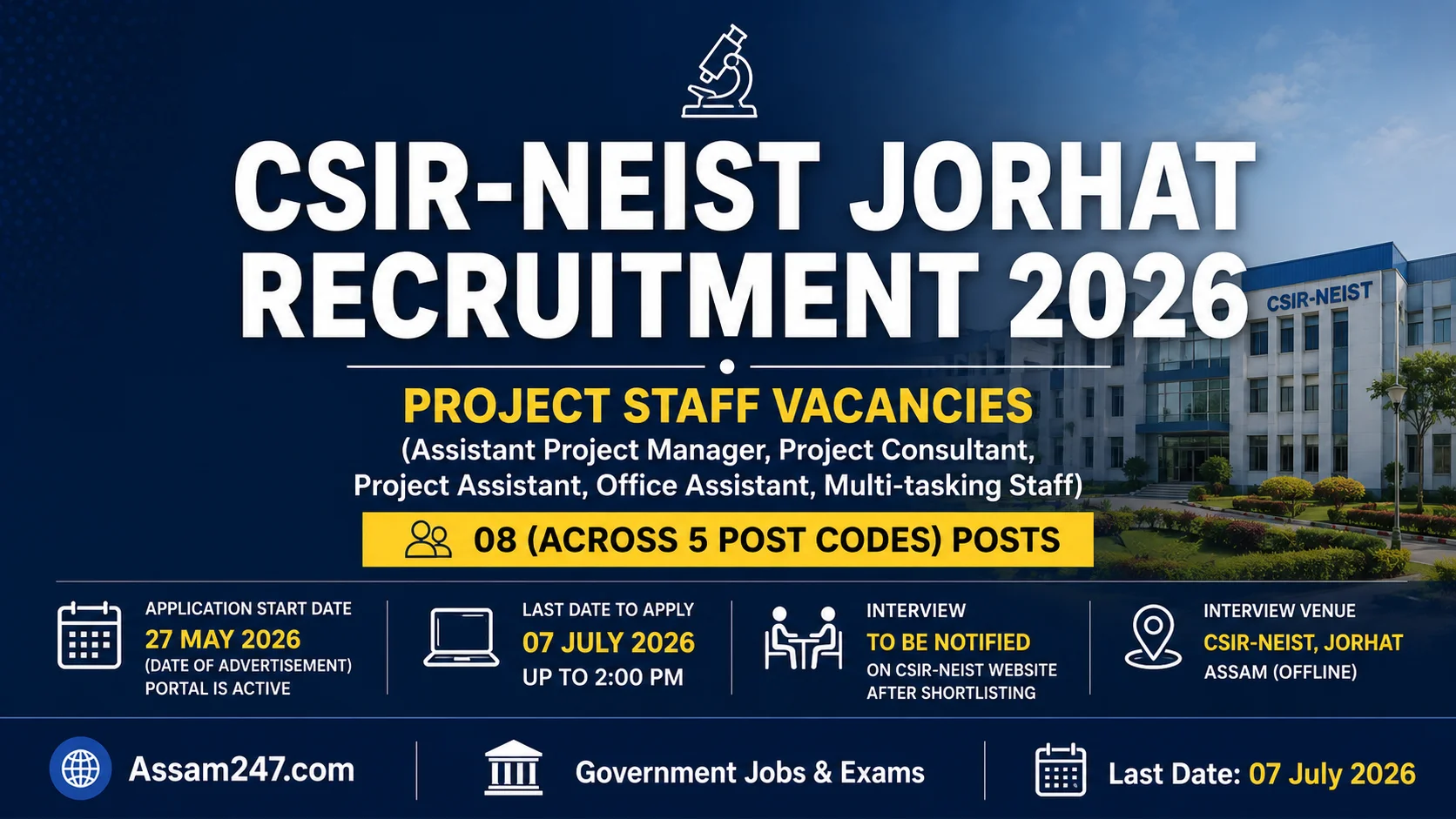 CSIR-NEIST Jorhat Recruitment 2026: Project Staff Vacancies (9 Posts) – Eligibility, Salary & Application Process