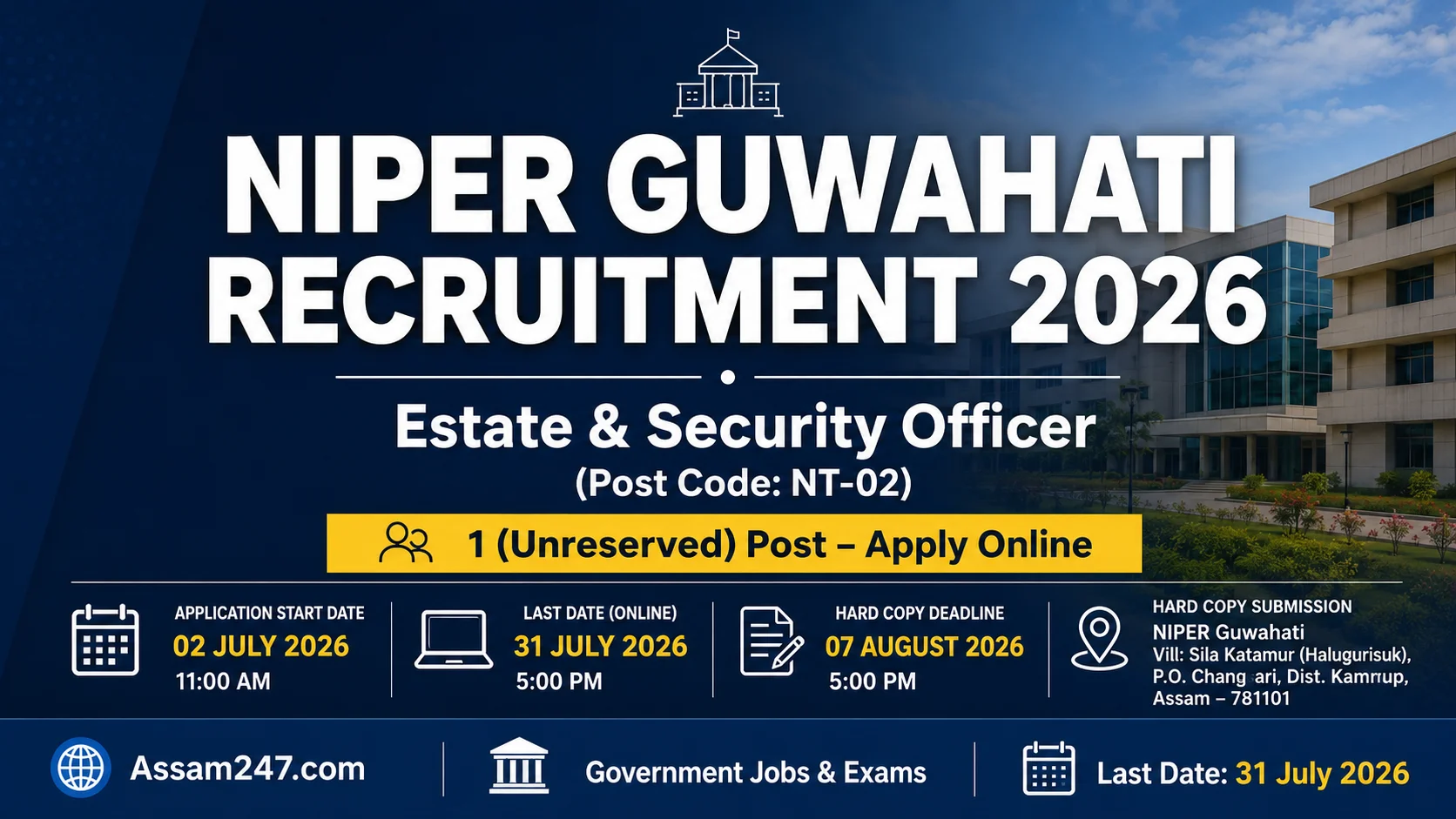NIPER Guwahati Recruitment 2026: Estate & Security Officer Post – Eligibility, Salary & Application Process