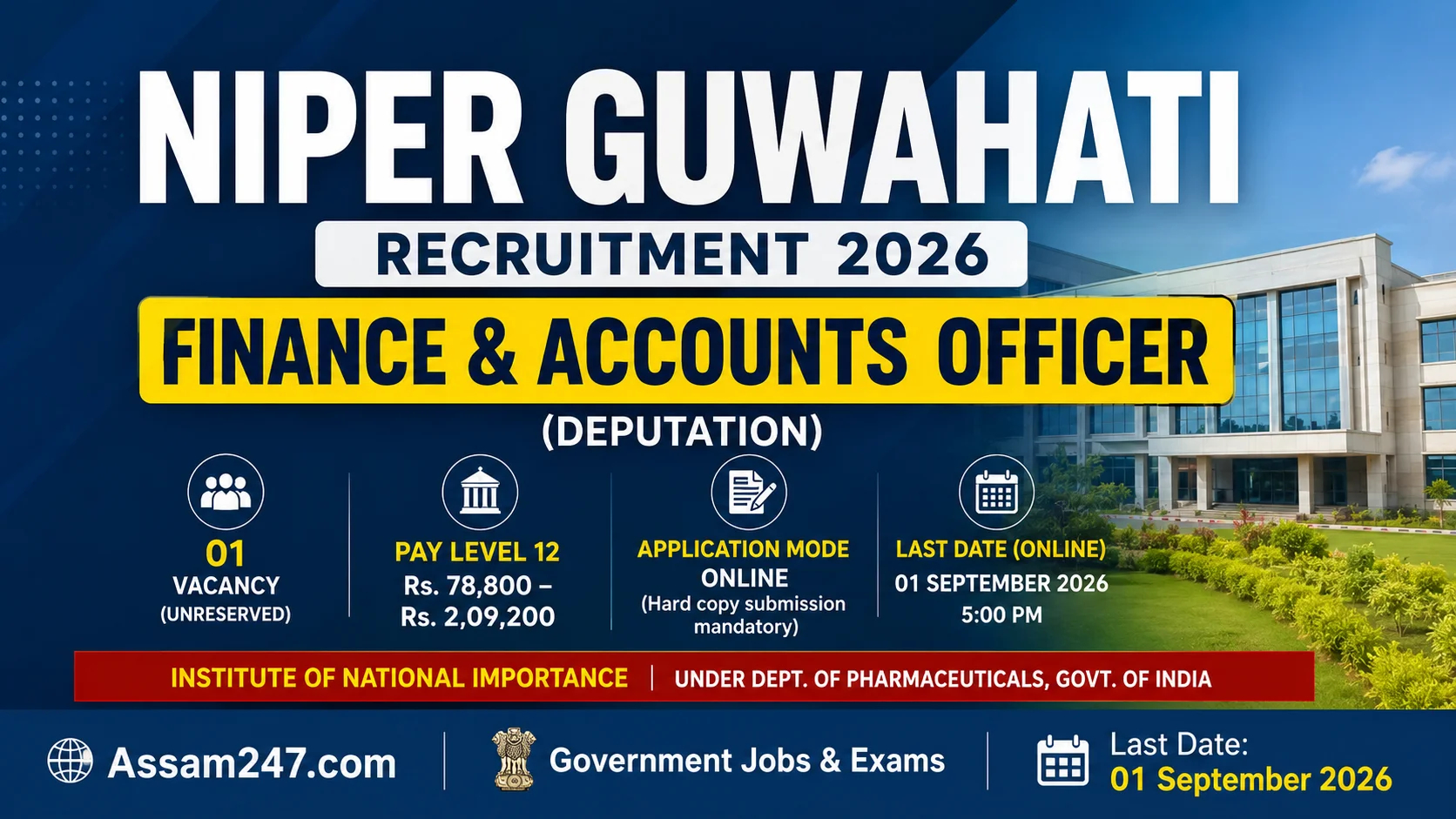 NIPER Guwahati Recruitment 2026: Finance & Accounts Officer (Deputation) — Eligibility, Pay Scale & Selection Process Explained