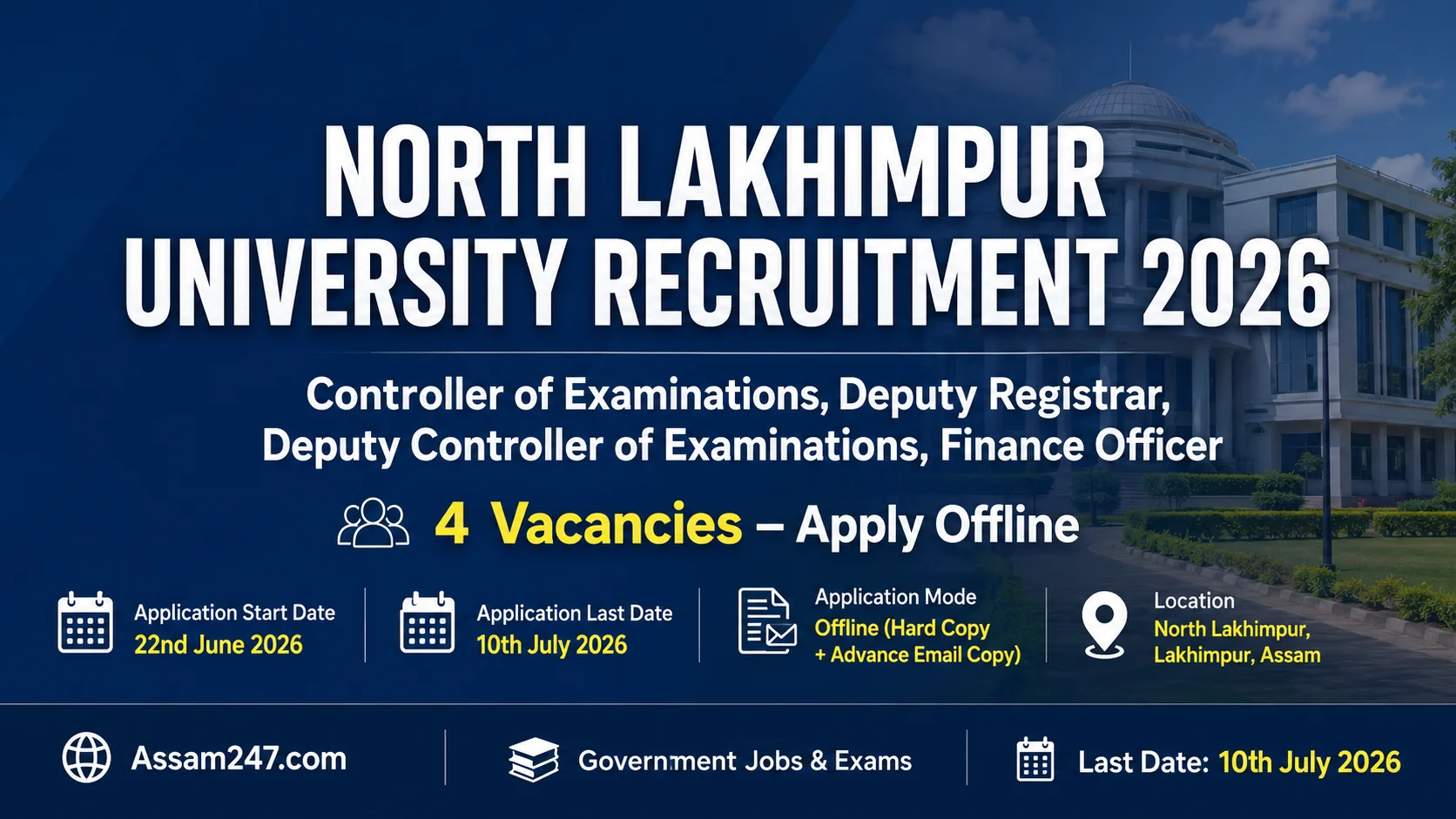 North Lakhimpur University Recruitment 2026 – Apply for 4 Administrative Posts (Controller of Examinations, Deputy Registrar, Finance Officer & More)