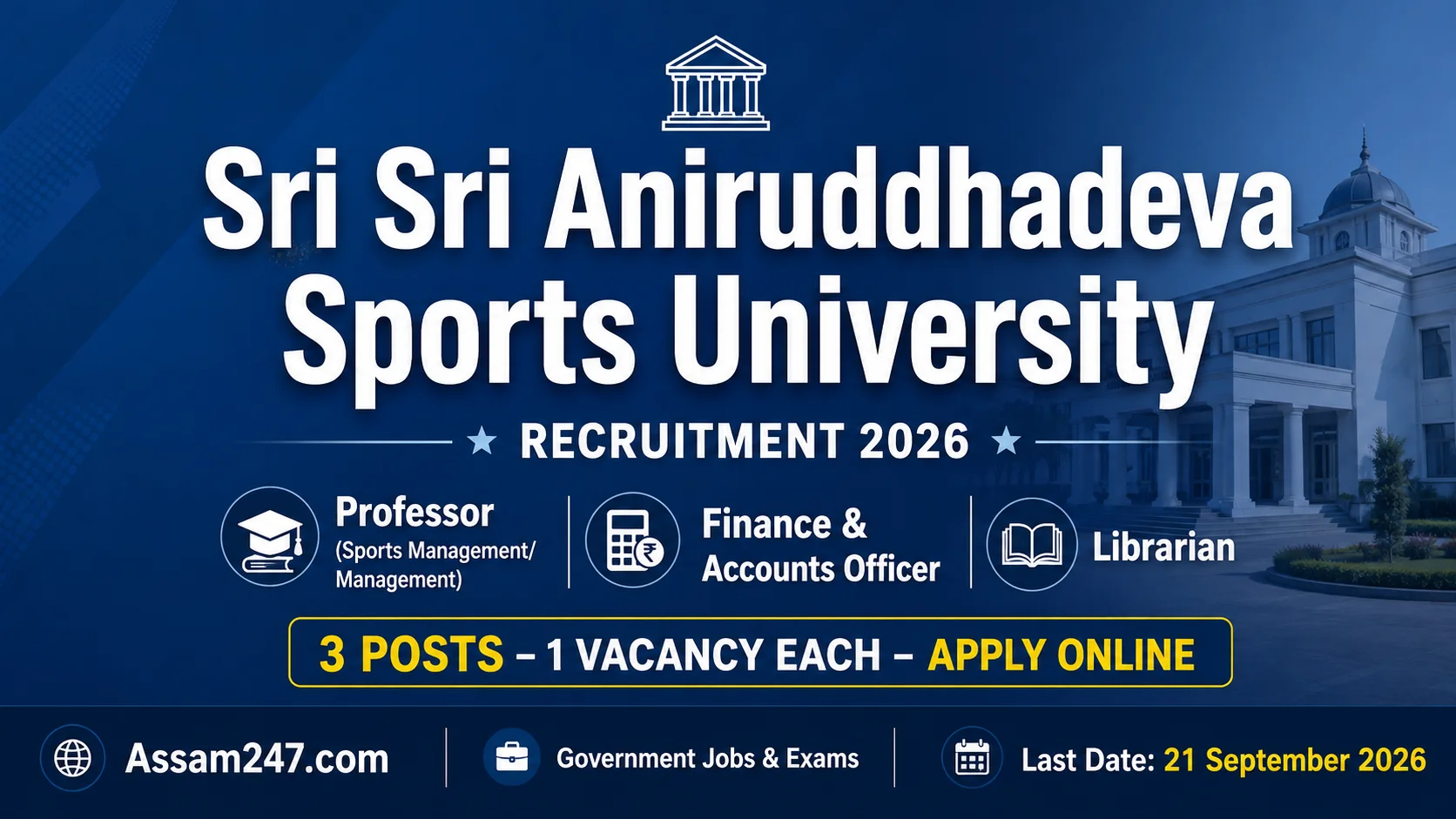 Sri Sri Aniruddhadeva Sports University Recruitment 2026: Professor, FAO & Librarian Vacancies - Full Details