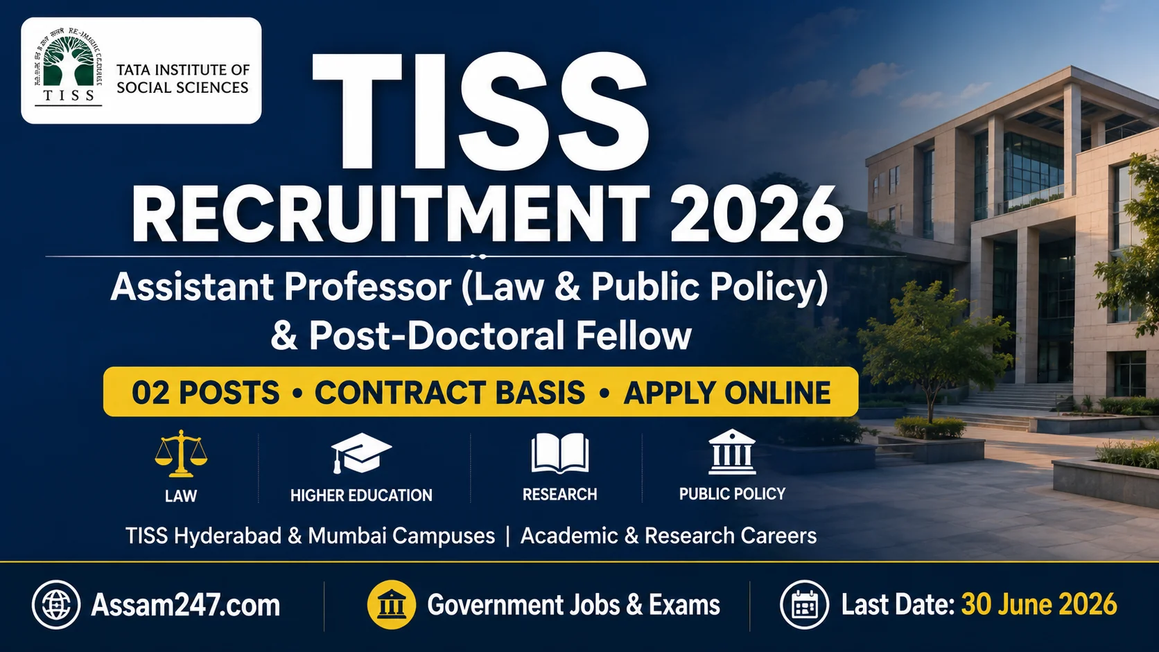 TISS Recruitment 2026: Assistant Professor (Law & Public Policy) and Post-Doctoral Fellow Vacancies